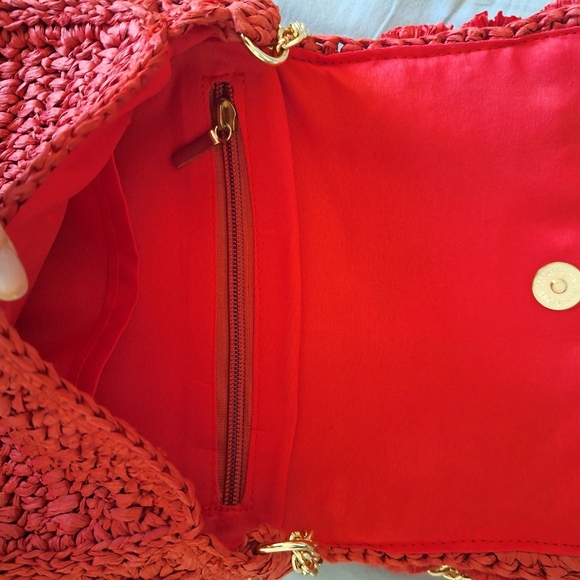 LOFT  Red Paper Straw Pom Pom Small Handbag - Picture 5 of 7